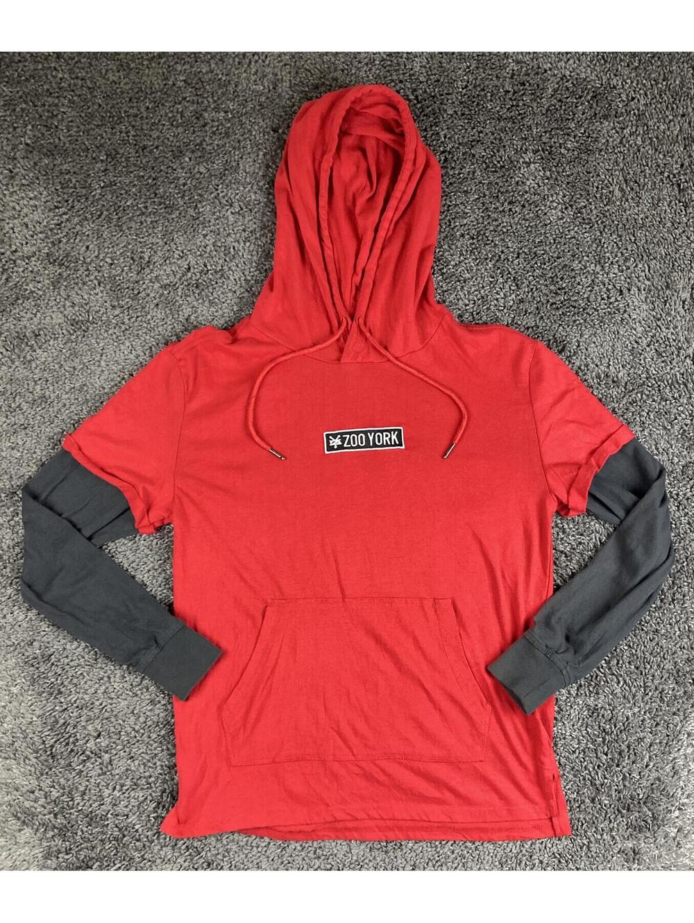 Zoo York Hoodie Mens Red Black Layered Long Sleeve Skate Pullover Pocket Sz S